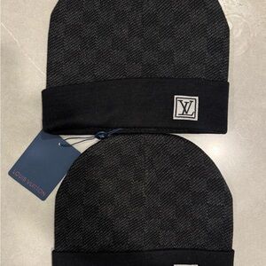 Louis Vuitton Black & Charcoal Knit Beanie Duo with LV Patch bundle